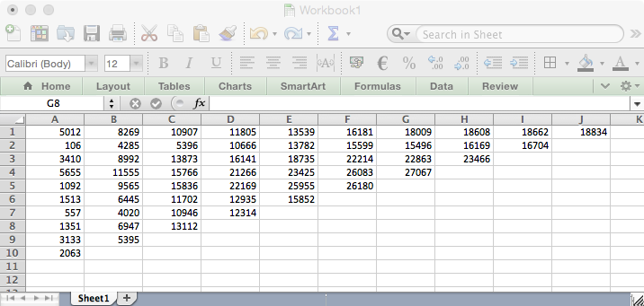 Screen shot of a triangle in a spreadsheet software.